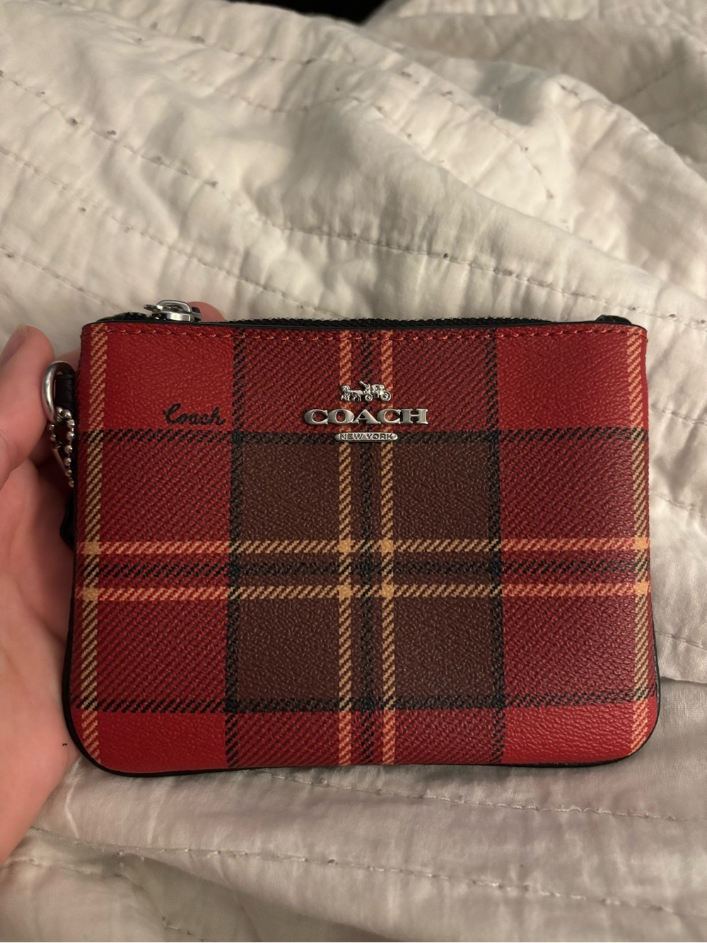 Coach Red Brown Tartan Plaid Holiday Zip Card Case Wallet Pouch